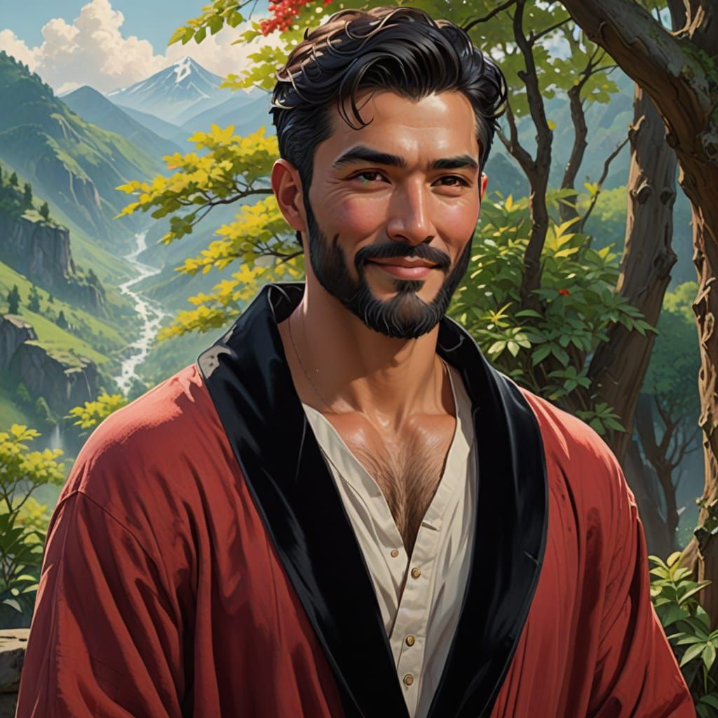 Young Afghan Man in Velvet Robe Smiles in Majestic Mountain ...