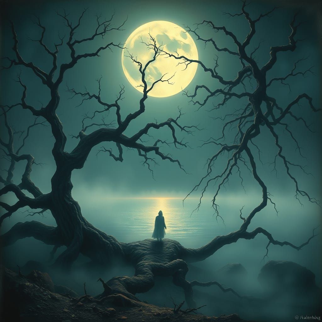 Surreal Dreamscape with Lonely Figure at Moonlit Lake