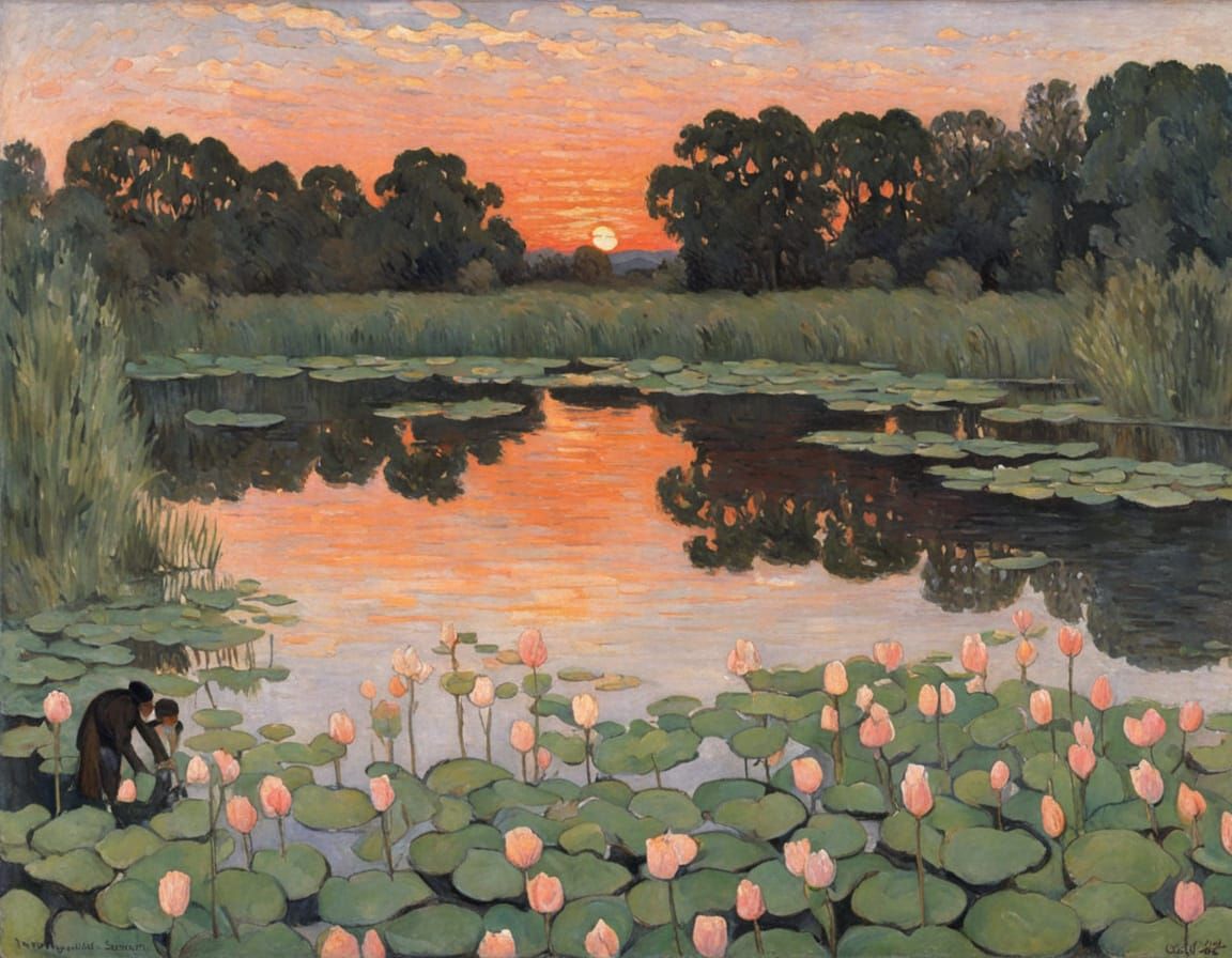 Impressionist Summer Reflections with Vibrant Pastel Sunset