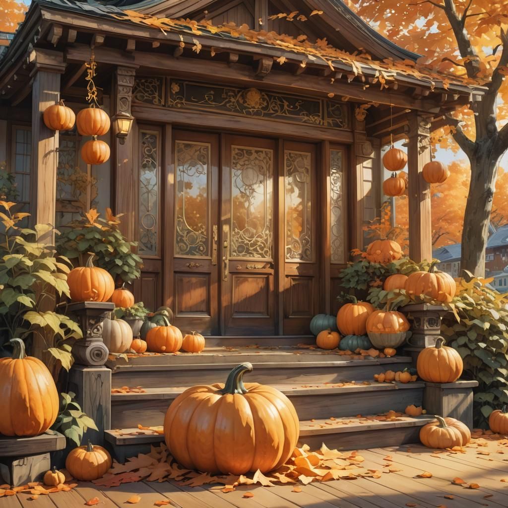Ornate Pumpkin on Porch in Anime Style