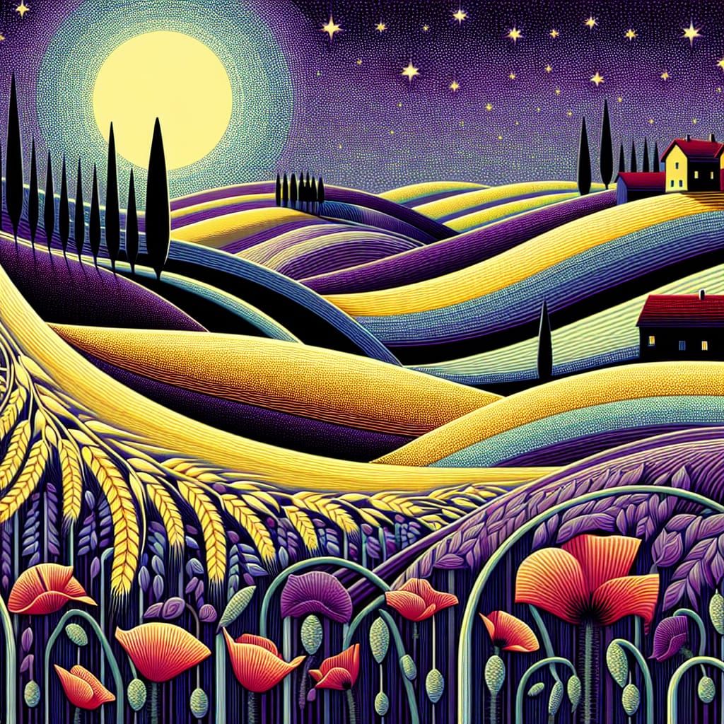 Surreal Rural Nightscape with Cypress Trees and Moon