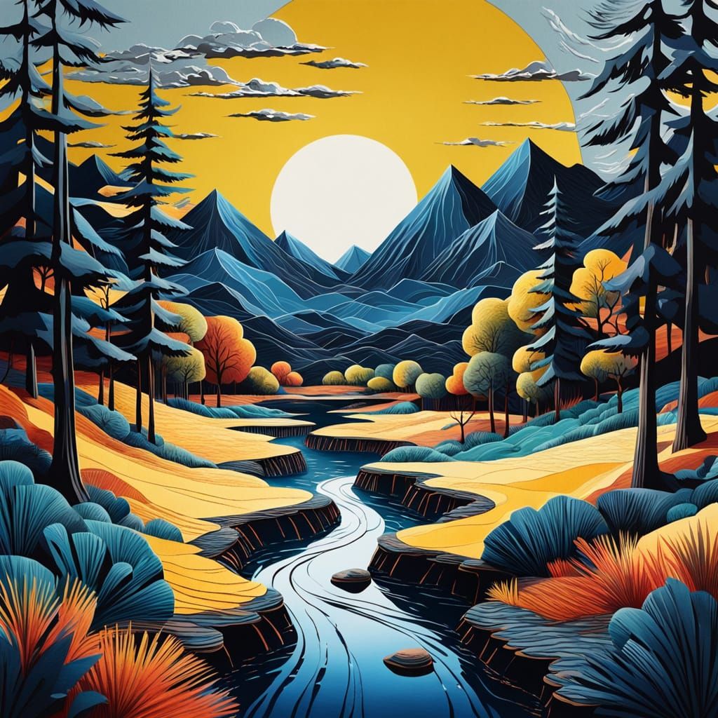 Dual Landscape Art: Sunny Day Meets Night in Textured Paper ...