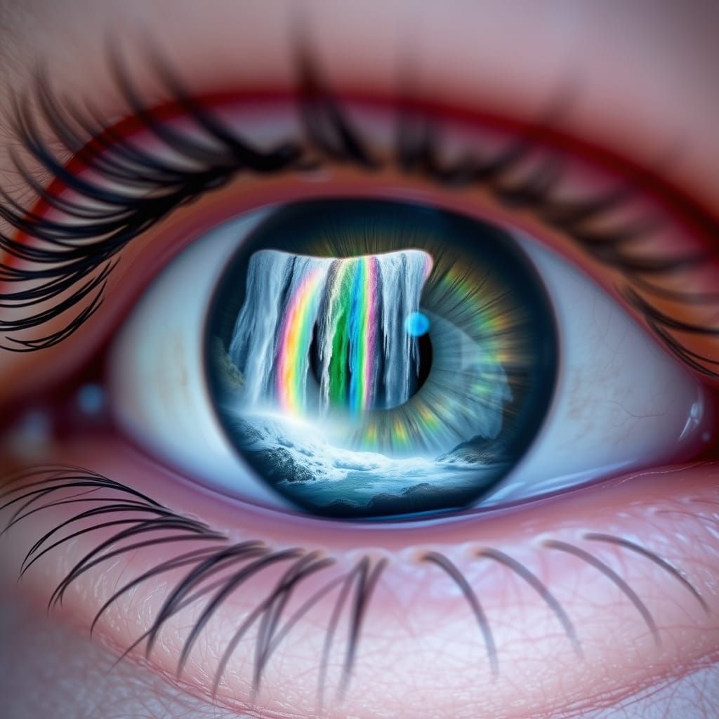 Eye Reflecting Waterfall in Dreamy Digital Art Style