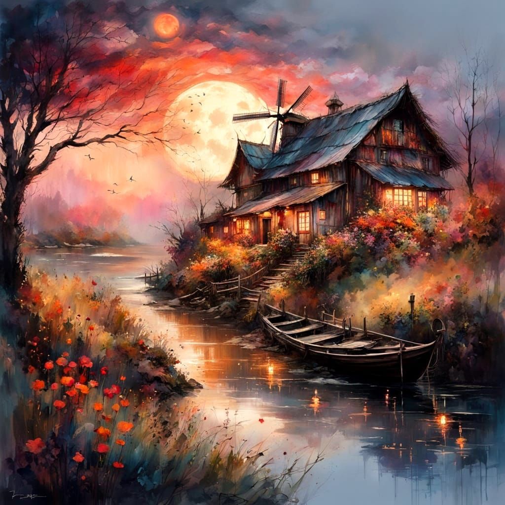 Evening’s Embrace: The Cottage and the Moon
