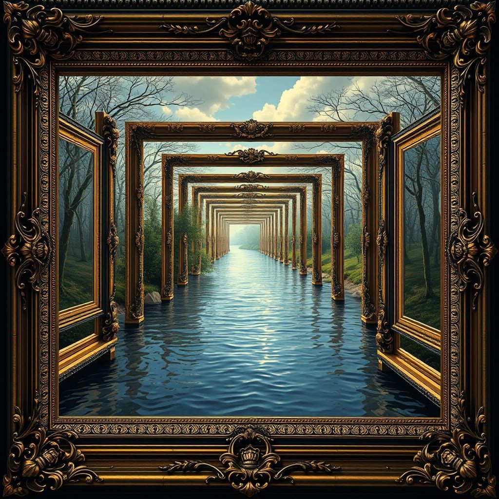 Recursive River Scene in Surrealist Style