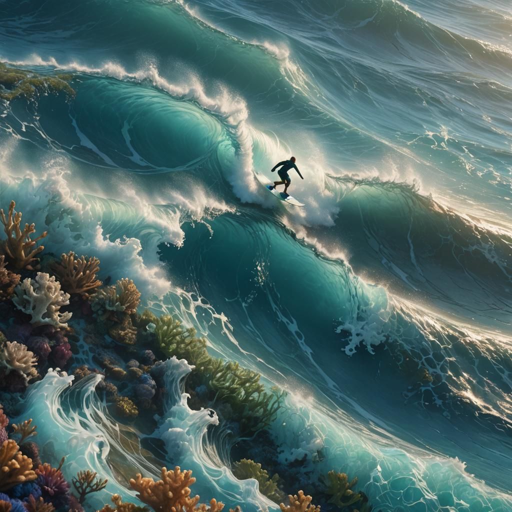 Surfer Rides Bioluminescent Wave: Fantasy Concept Art