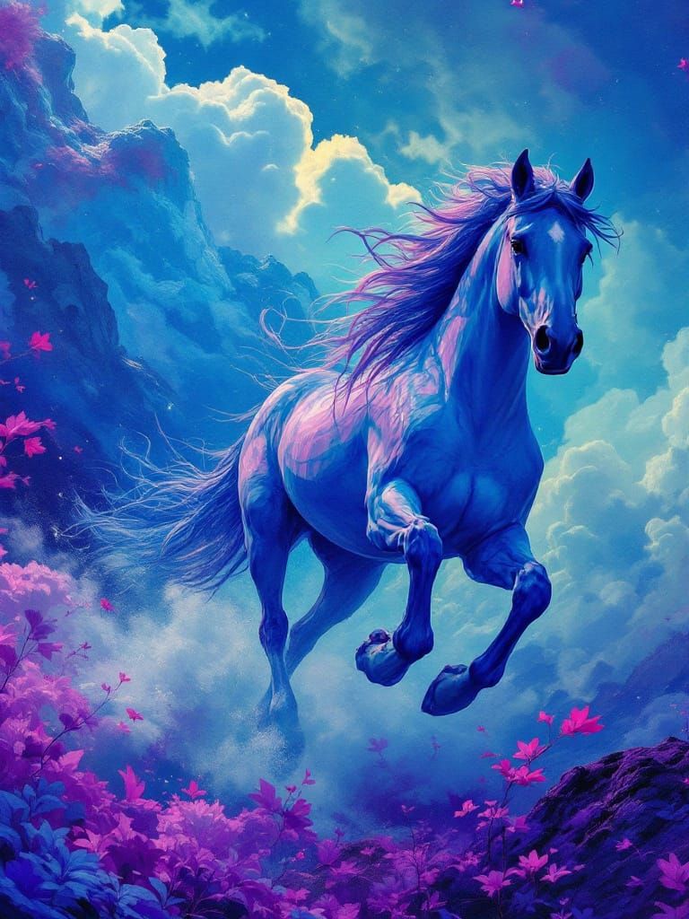 Mystical Blue Horse Leaping Through Clouds