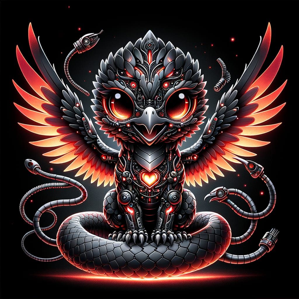 Fiery Chibi Snake-Eagle Hybrid in Steampunk Style