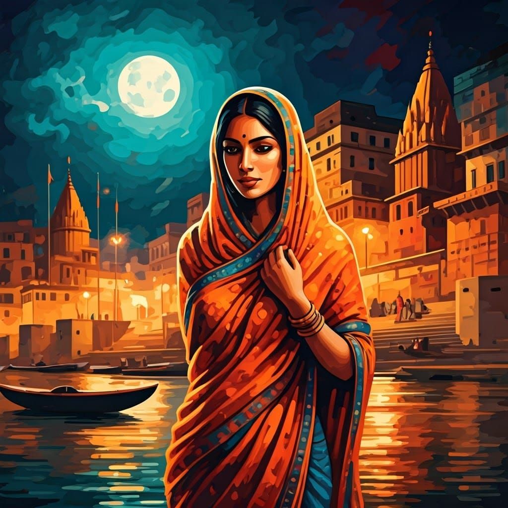 Vibrant Full Moon Night in Varanasi, in Abstract Style