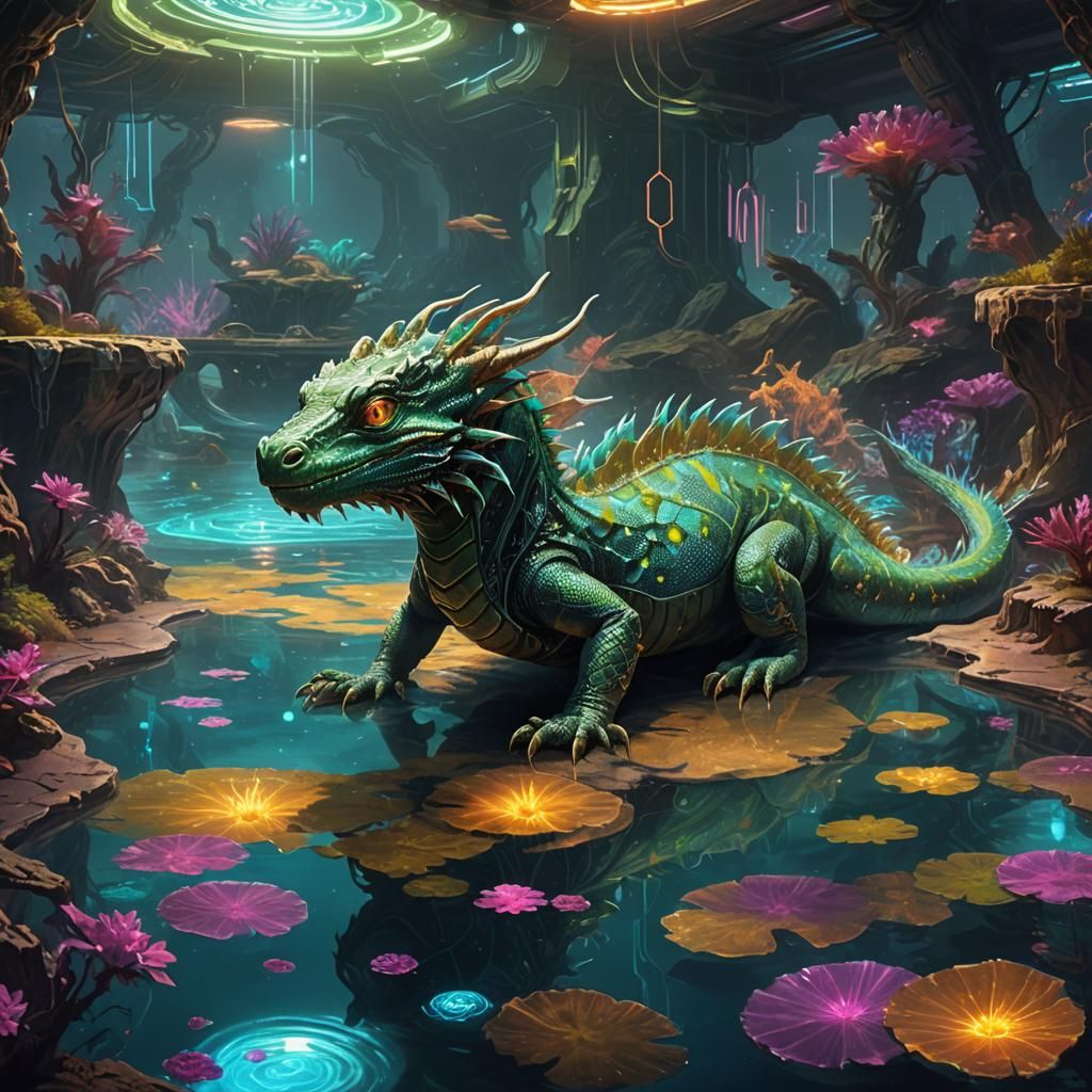 Cyberpunk Water Dragon Protecting Alien Planet