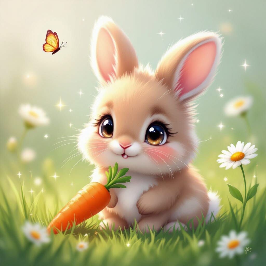 Cute Fluffy Bunny with Big Sparkly Eyes in Anime Style