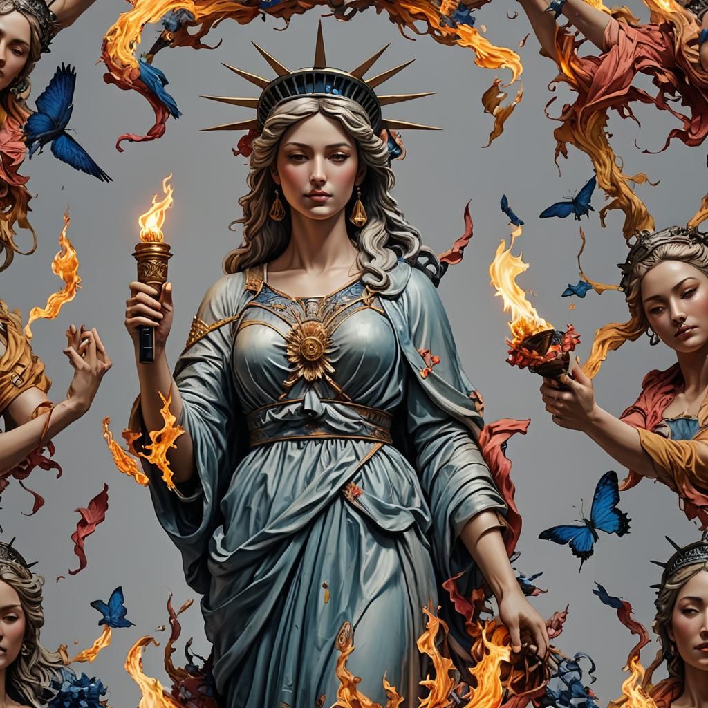 Hyperrealistic Woman Holding a Torch of Liberty