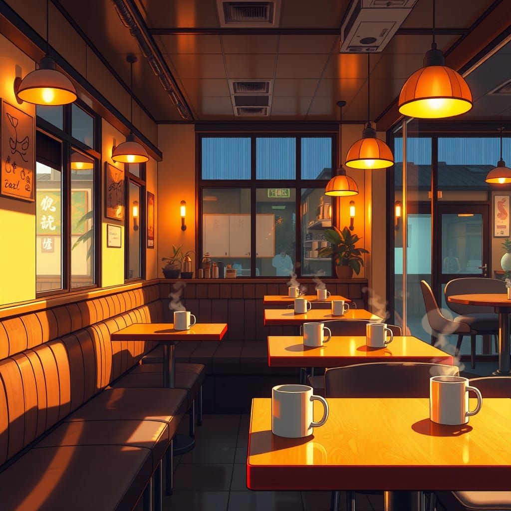 Vintage Anime Coffee Shop Interior in Warm Golden Light