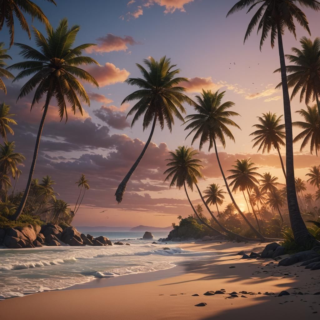 Tropical Sunset Beach Scene in Detailed Digital Painting