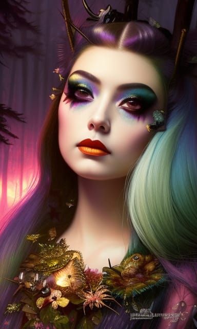 Punk Fairy in Dark Forest, Surrealist Portrait