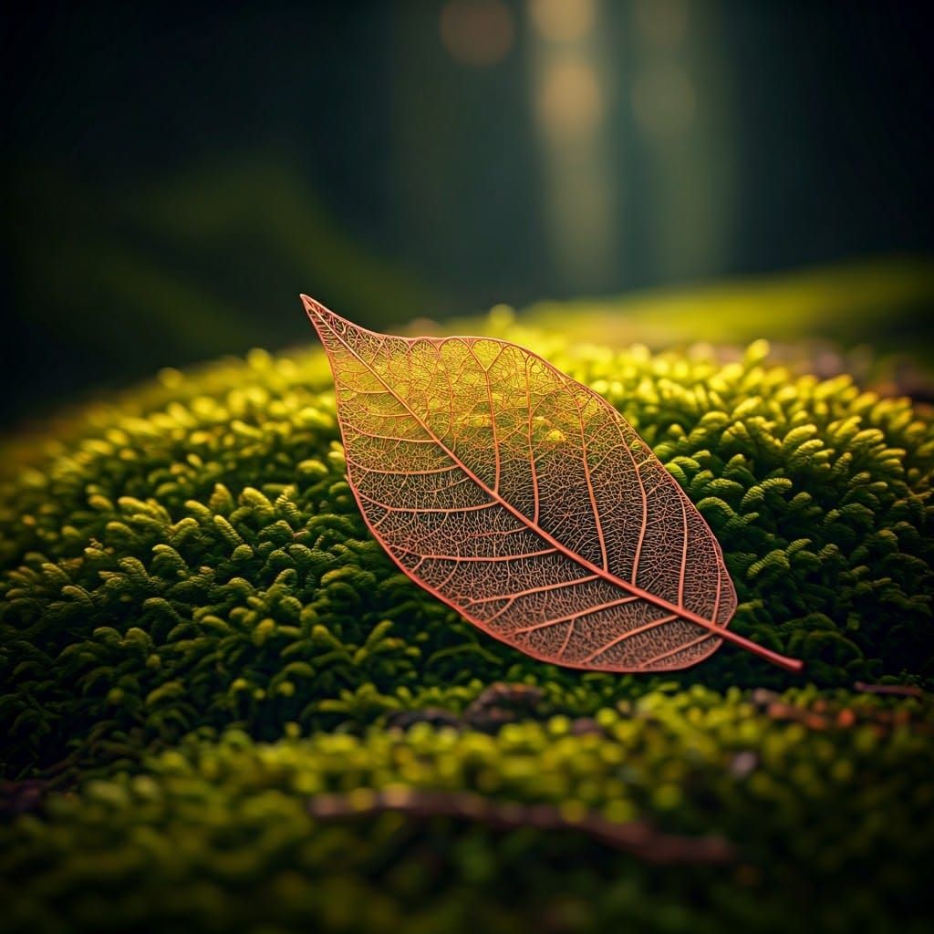 Leaf Skeleton on Moss in Cinematic Digital Painting Style