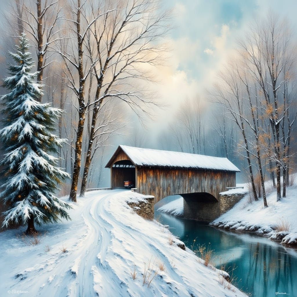 Serene Winter Covered Bridge Oil Painting