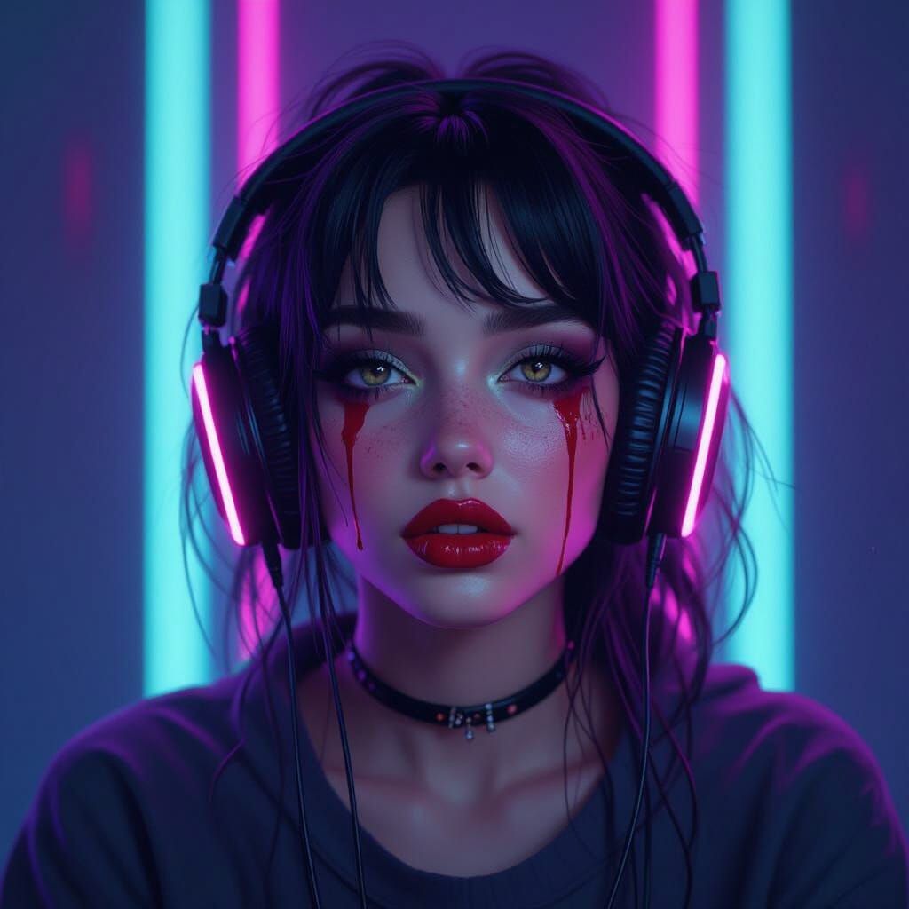 Neon Portrait of Girl With Bleeding Ears