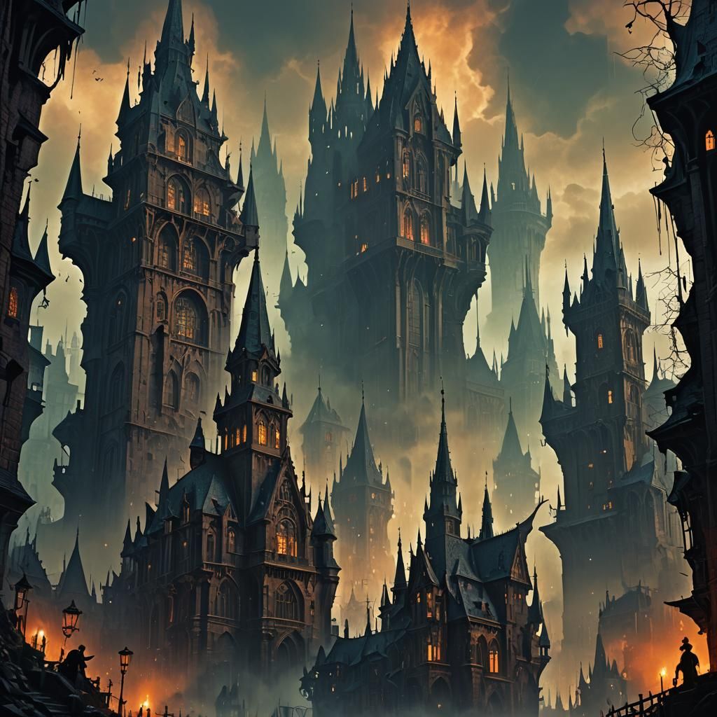 Dark Totalitarian City in Gothic Architecture