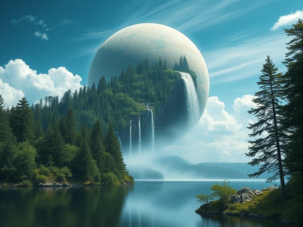 Lunar Landscape with Dreamlike Forest and Waterfall