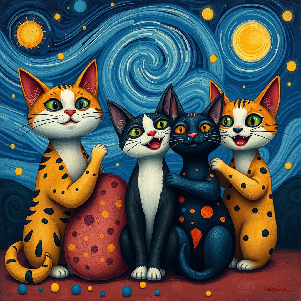 Whimsical Cats Playing in a Starry Night, Cartoon Art