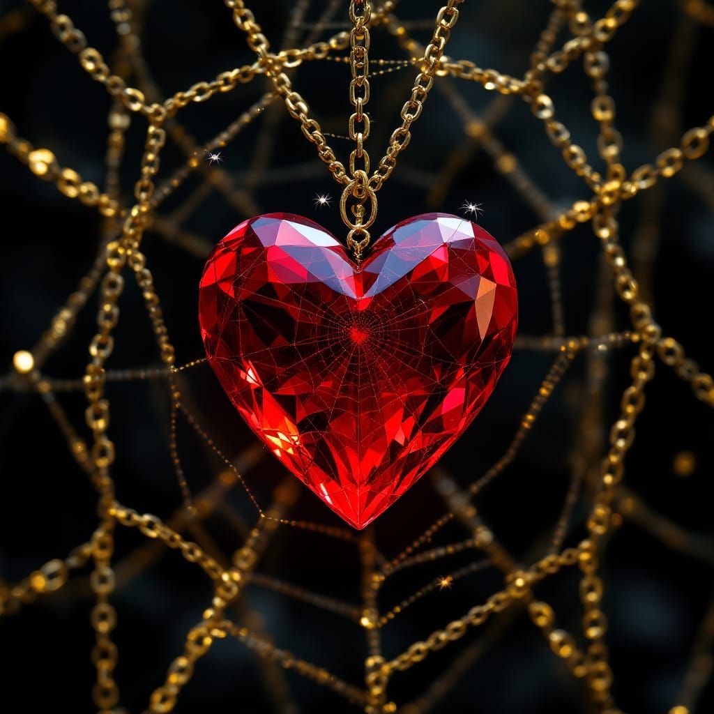 Ruby Heart in Crystal Spiderweb of Gold Chains