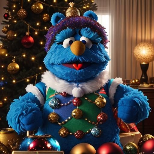 Cookie Monster on Christmas Tree with Muppet Baubles