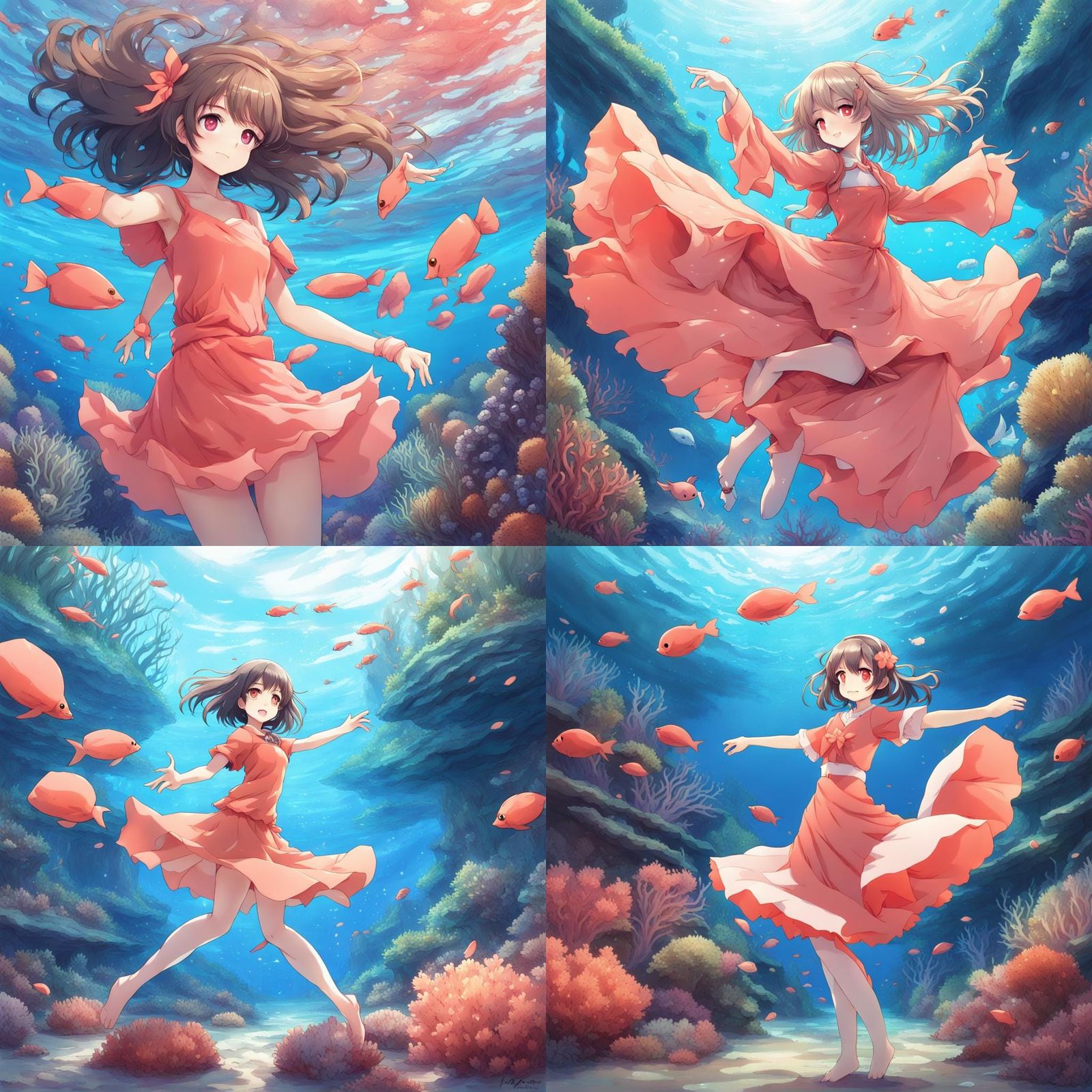 Coral Girl Dancing in Reef: Anime Style