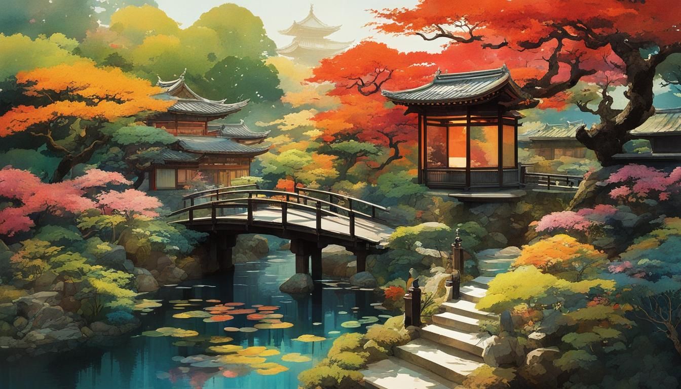 Vibrant Japanese Garden Pop-Up Book Illustration