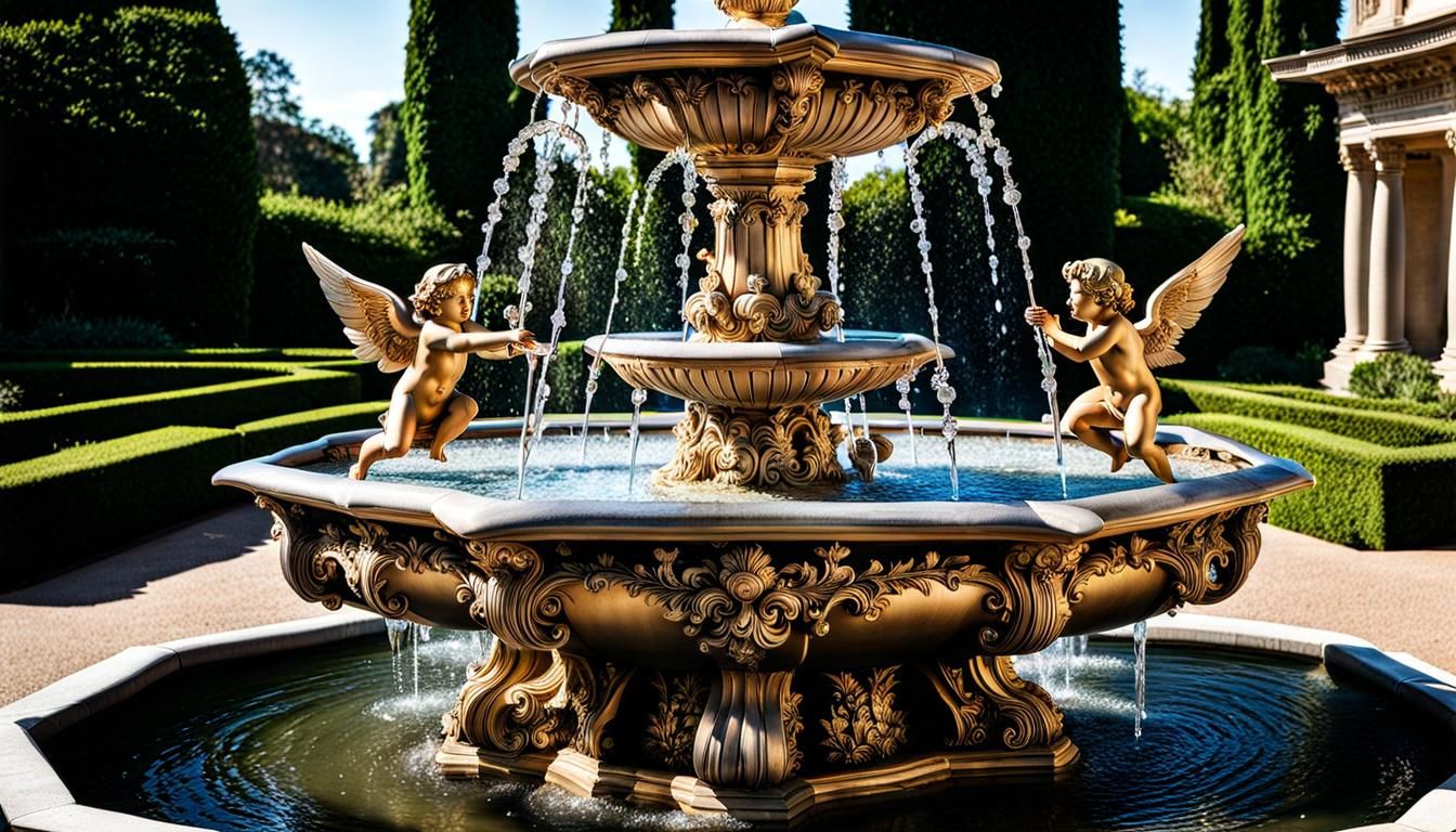 Crystal Winged Cherubs Play in Hexagonal Fountain