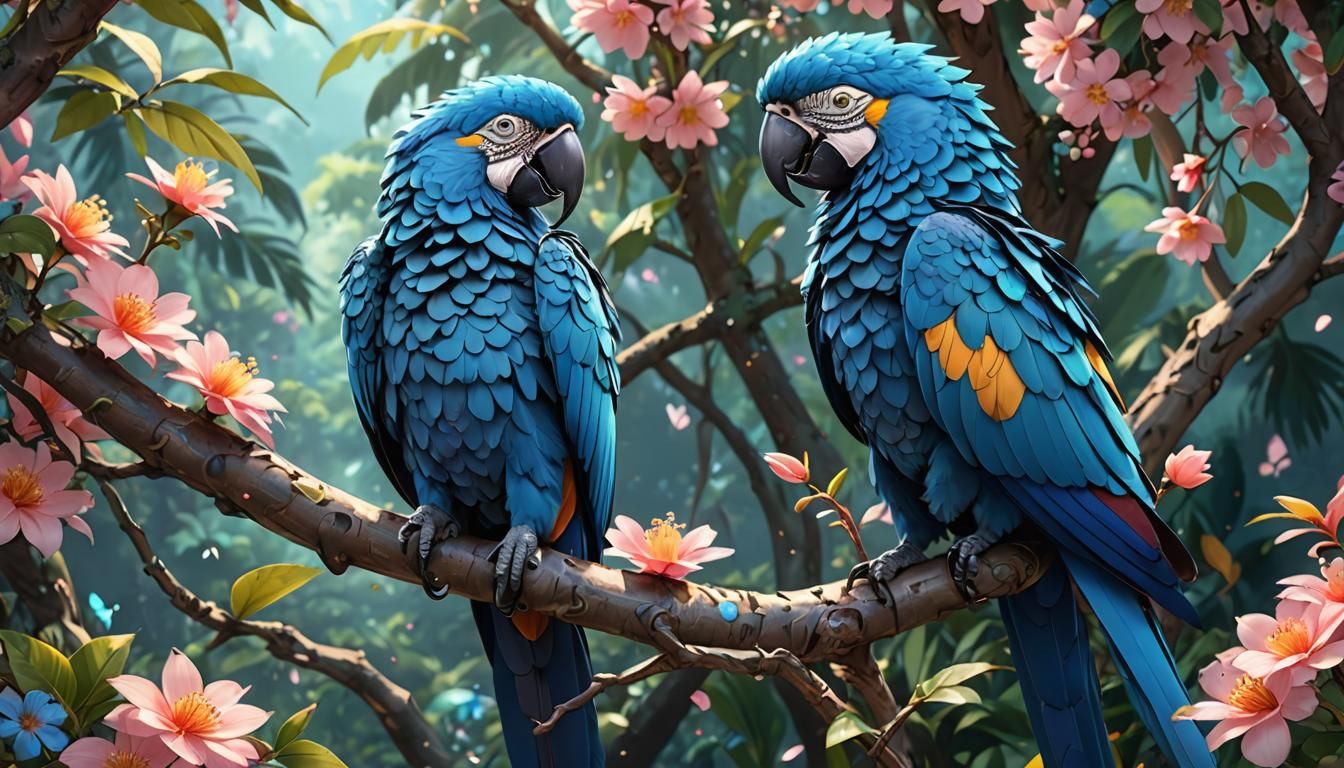 Blue Macaw in Vibrant 3D Anime Style