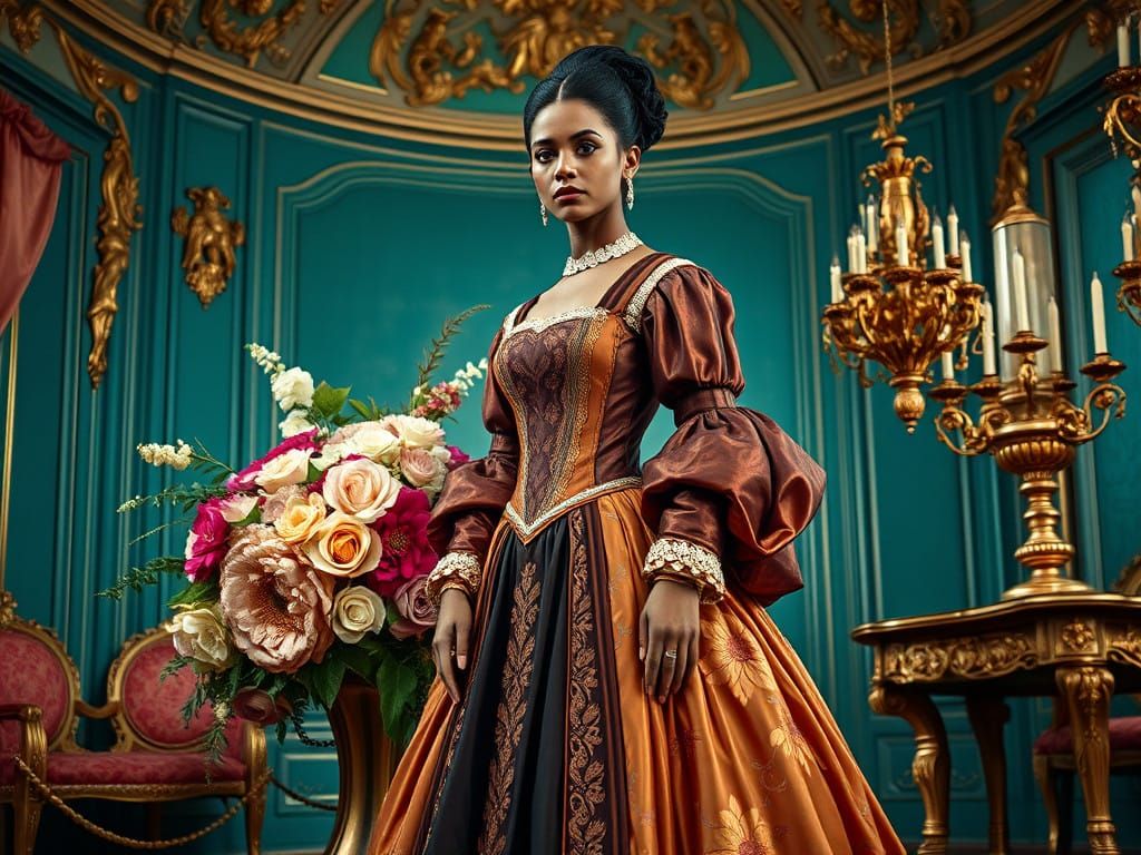 Regal Spanish Noblewoman in Lavish Rococo Setting