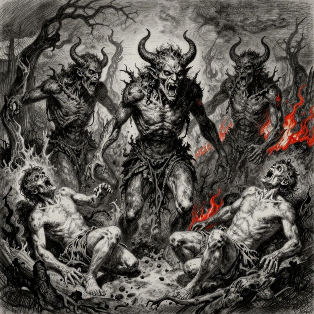 Hellscape Charcoal Drawing: Demonic Torment and Despair