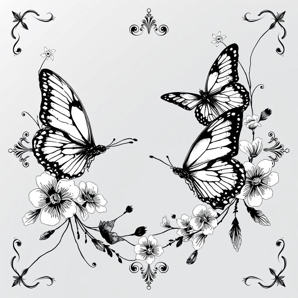 Monochrome Butterflies with Floral Frame, Digital Art