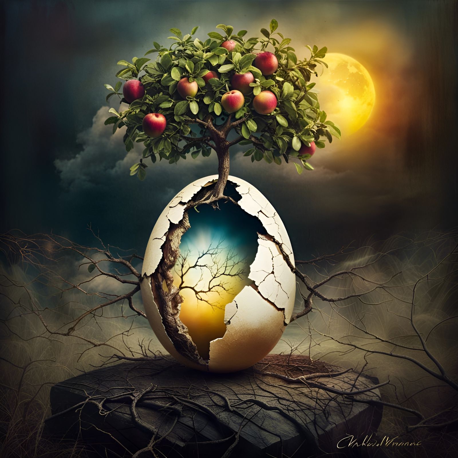 Apple Tree Hatching: Highly Detailed Surreal Artwork