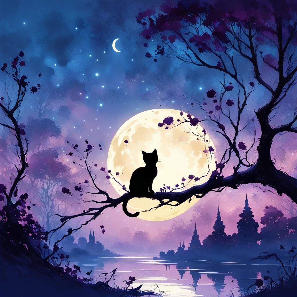 Kitten Silhouette on Moonlit Branch in Ink Illustration Styl...
