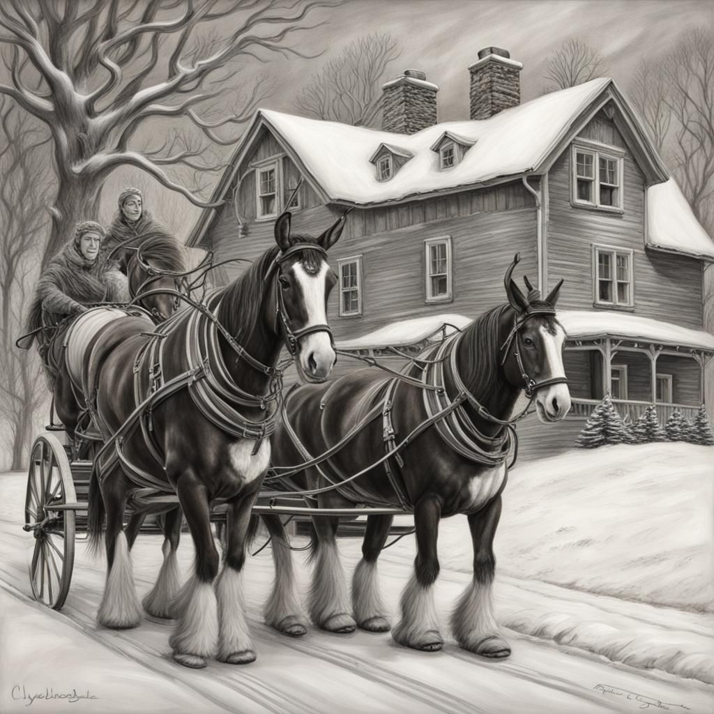 Clydesdales Pull Santa's Sleigh: Charcoal Drawing
