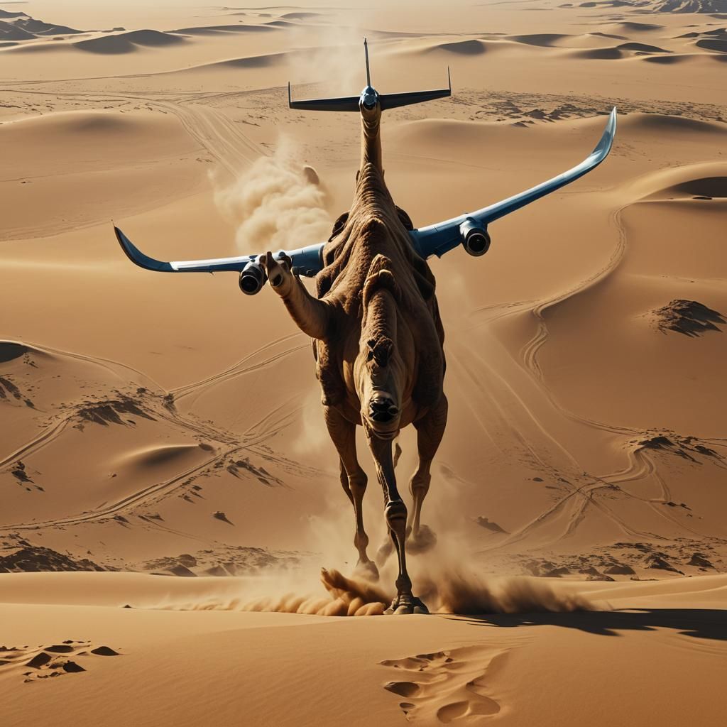 Airplane Lands on Giant Camel in Desert, Surreal Art