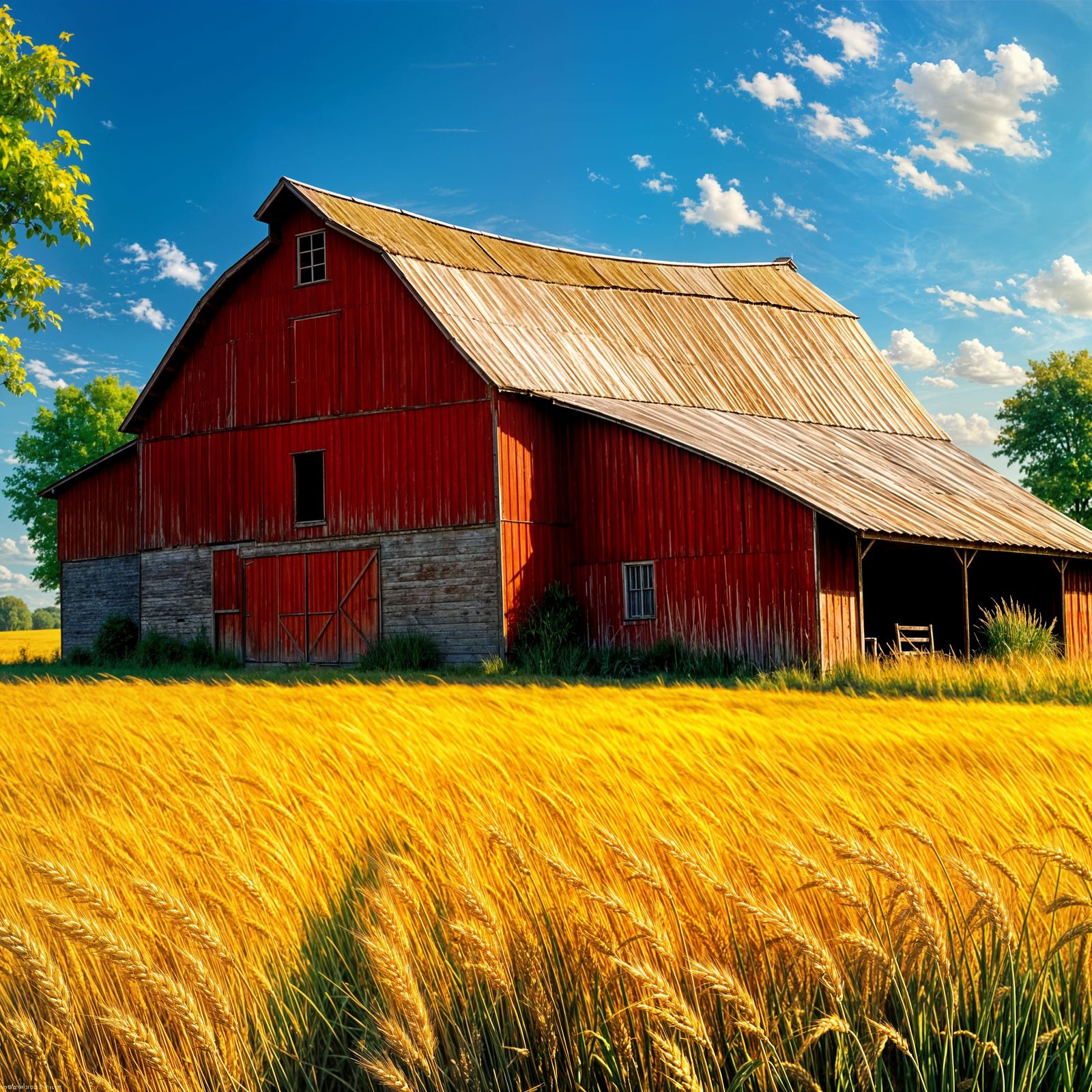 Rustic Red Barn Surrounded by Golden Wheat Fields