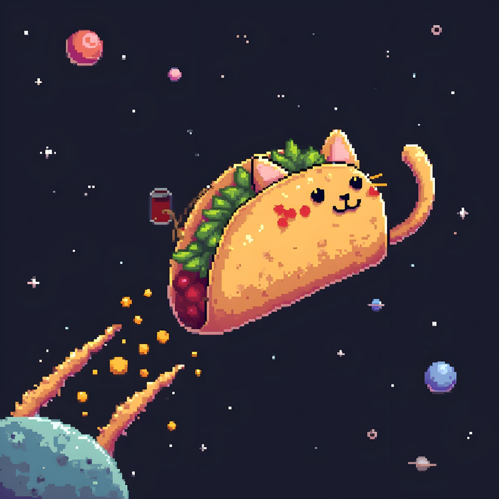 Pixel Art Tacocat Blasts Off in Cosmic Adventure