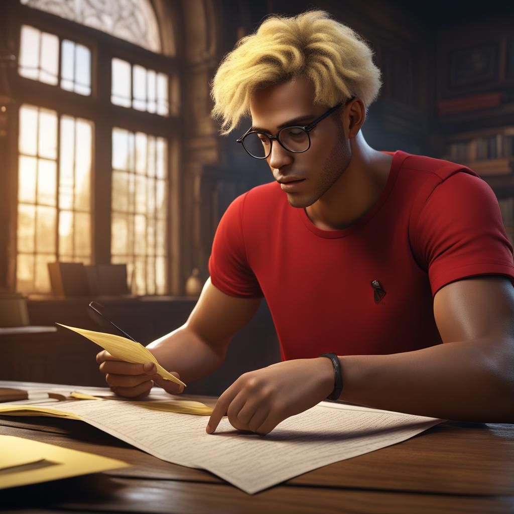 Young Man Examining Document in Detailed Matte Painting