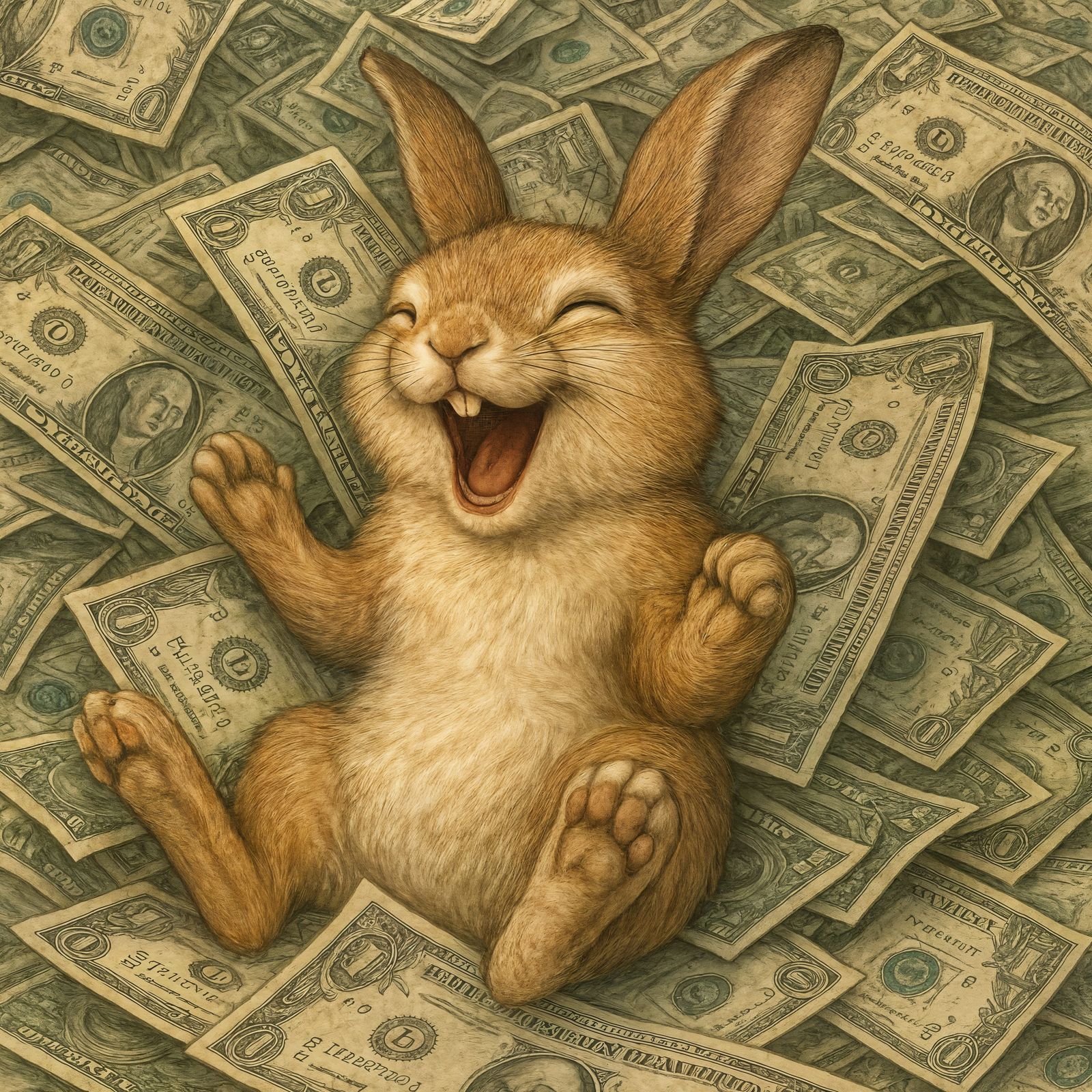 Laughing Bunny in a Pile of Money