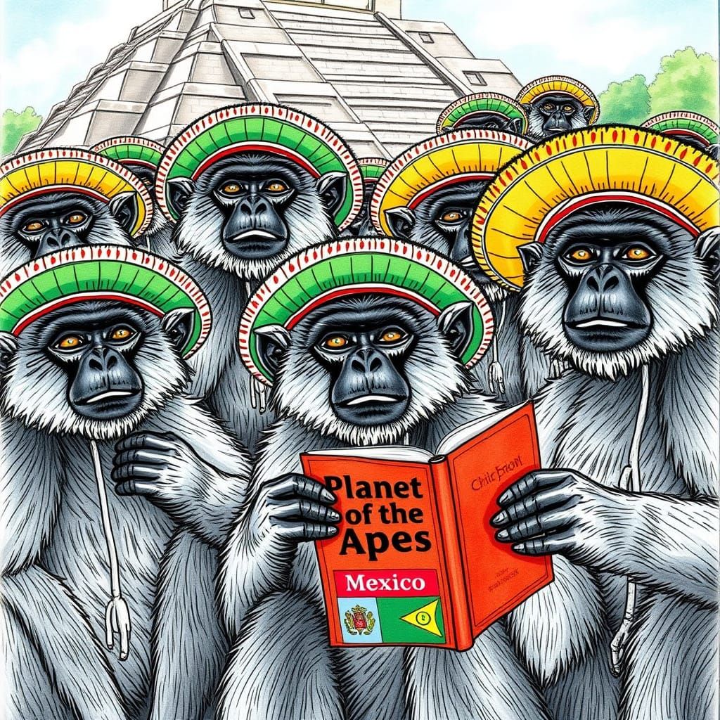 Monkeys Visit Chichén Itzá in Colored Pencil Style
