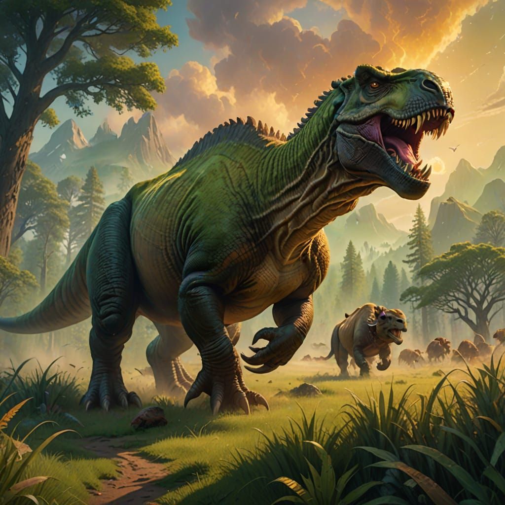 T-Rex Hunts Bison in Ethereal Fantasy Style