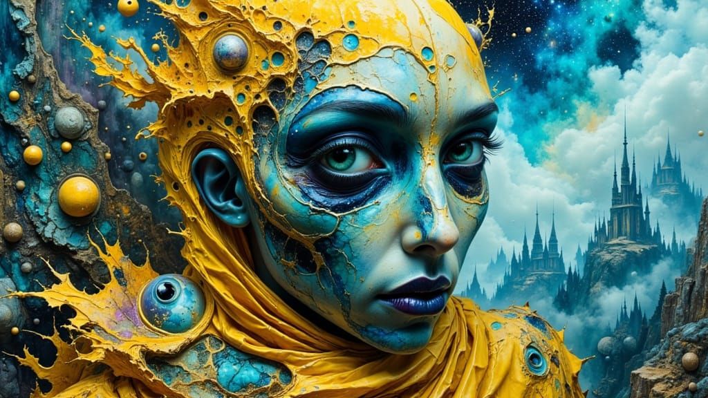 Surreal Humanoid in Psychedelic Abstract Landscape