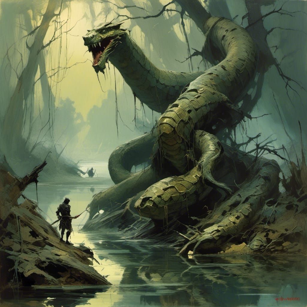 Sinister Yuan-ti in Swamp, Greg Rutkowski Style
