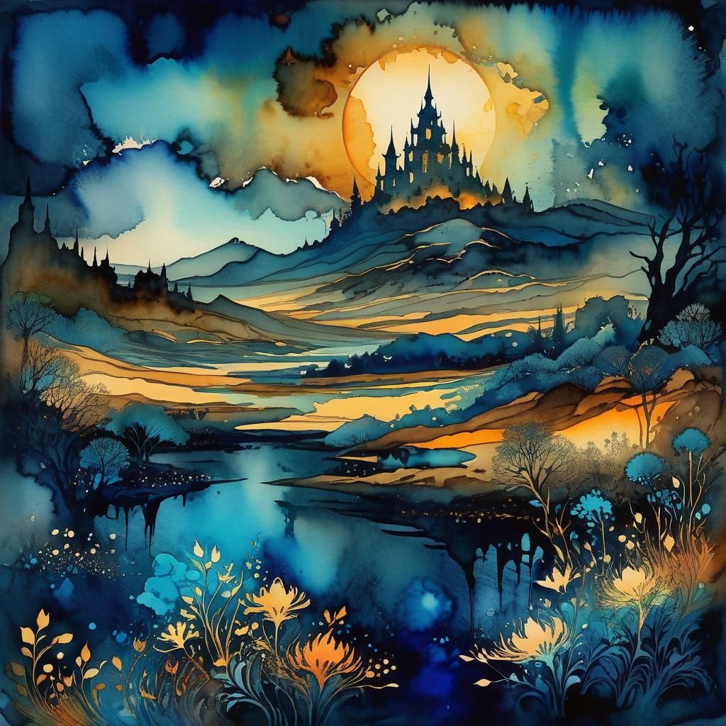 Abstract Ink Fantasy Landscape on Parchment