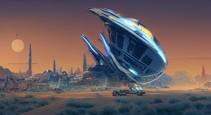 Majestic Spaceship Landing on Desert Planet with Ruined Towe...