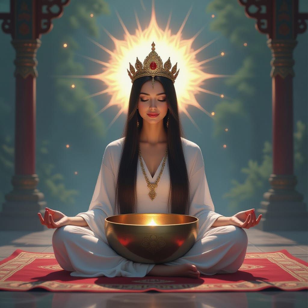 Spiritual Serenity: Woman Meditating with Crown and Singing ...
