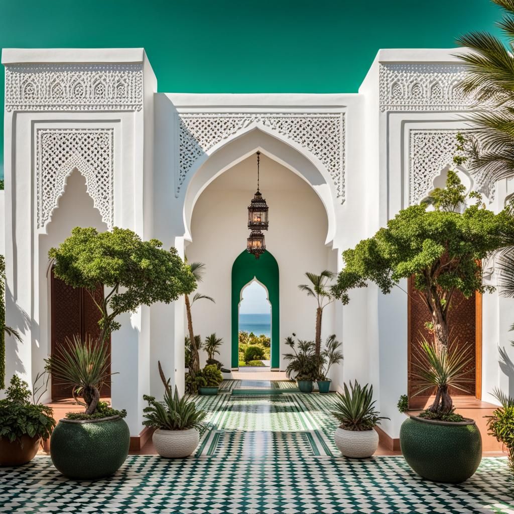 Moroccan Temple on Lush Island with Flowers
